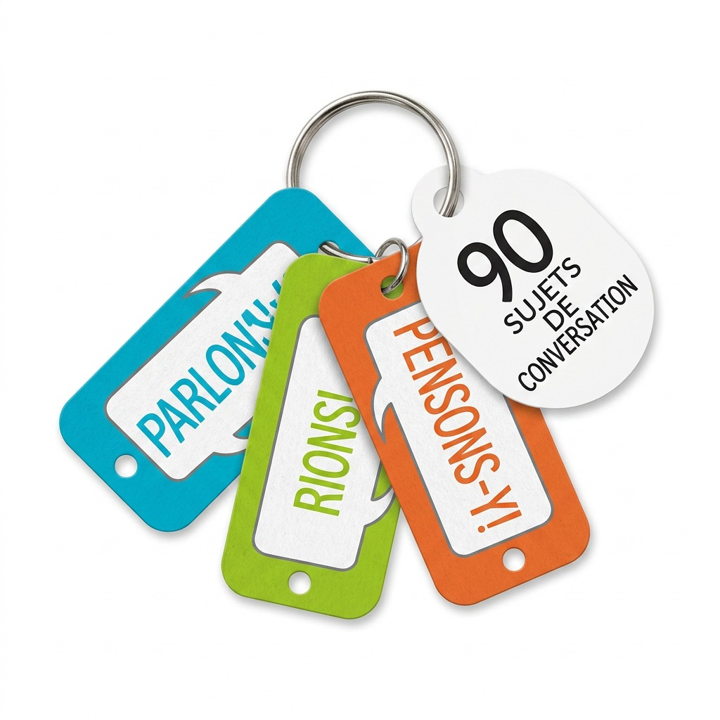 A professional e-commerce product hero shot of the fdmt Parlons-en conversation cards, isolated against a pure white background.