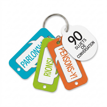 A professional e-commerce product hero shot of the fdmt Parlons-en conversation cards, isolated against a pure white background.