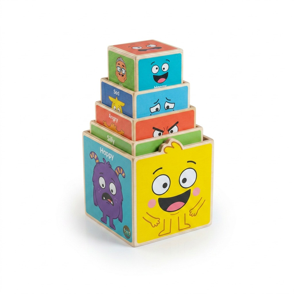 A close-up photograph of the Tower of Emotions stacking block set on a white surface, featuring four nested blocks with different colored character faces and names.