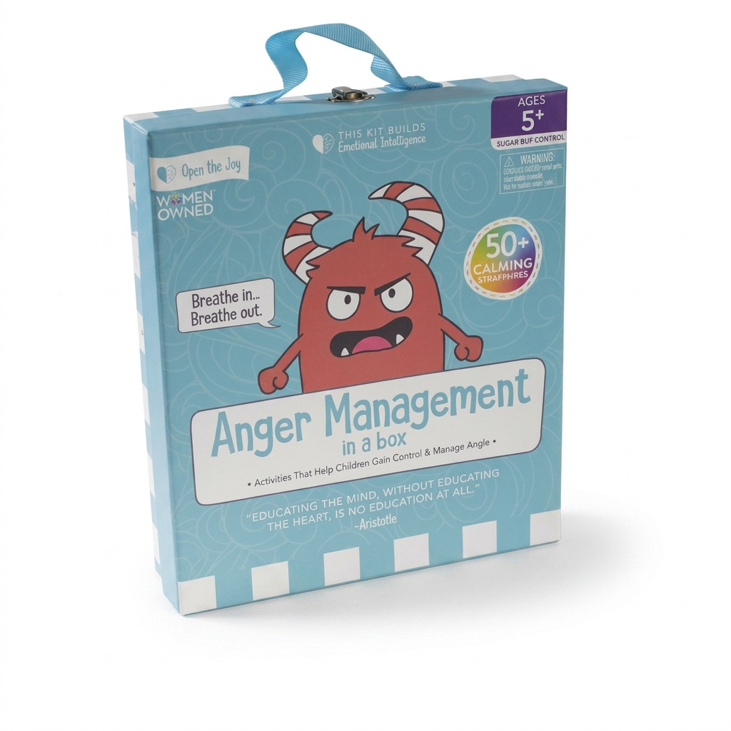 A clean, high-resolution hero shot of the 'Anger Management in a Box' toolkit from Open the Joy. The light blue box, featuring the red horned monster and educational text, is centered against a pure white background with realistic lighting and soft shadows. The light blue carry handle is visible at the top. This image showcases the exact product design without any external packaging or props, ideal for e-commerce.