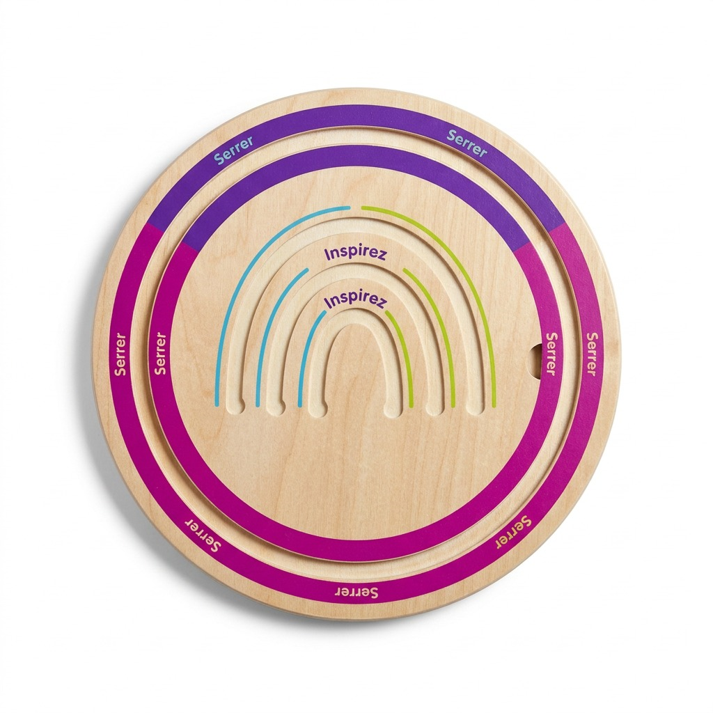 fdmt Plaques de respiration apaisantes - Circular, colorful wood sensory tool on white bkg.