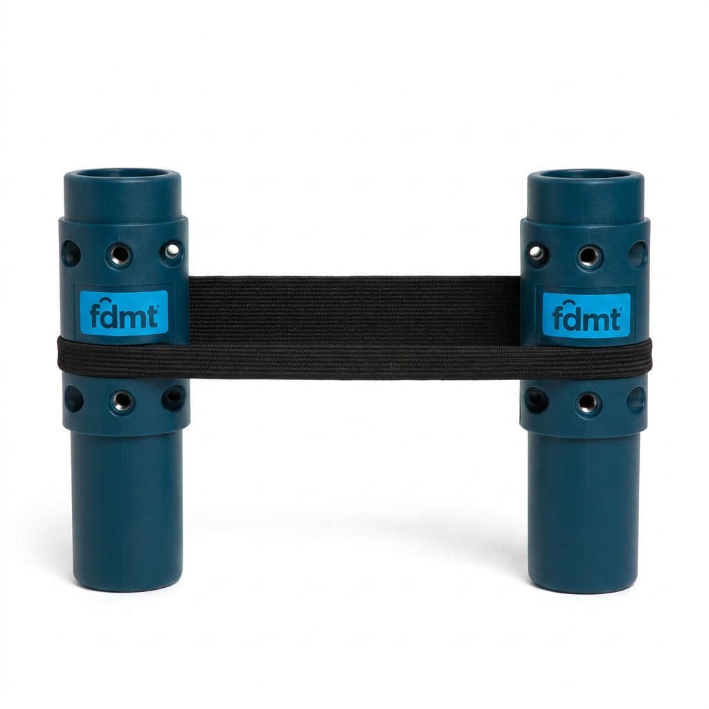 fdmt Bouncyband for Desk: Blue plastic cylinders with black sensory band for quiet fidgeting.