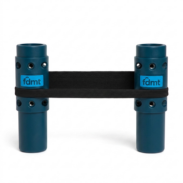 fdmt Bouncyband for Desk: Blue plastic cylinders with black sensory band for quiet fidgeting.