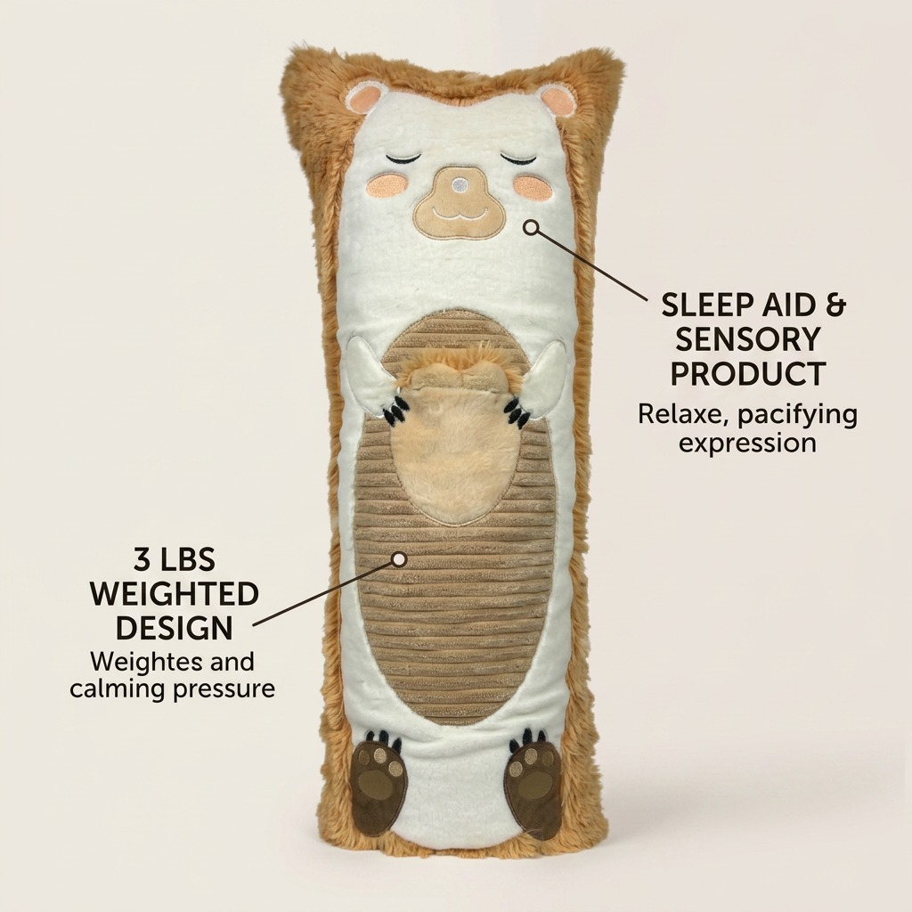 Visual labels of manimo Paco the Hedgehog showing the 3lb weighted design and sensory features.