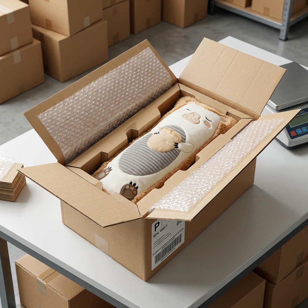 A manimo Paco the Hedgehog weighted plush safely packed in a shipping box with protective inserts.