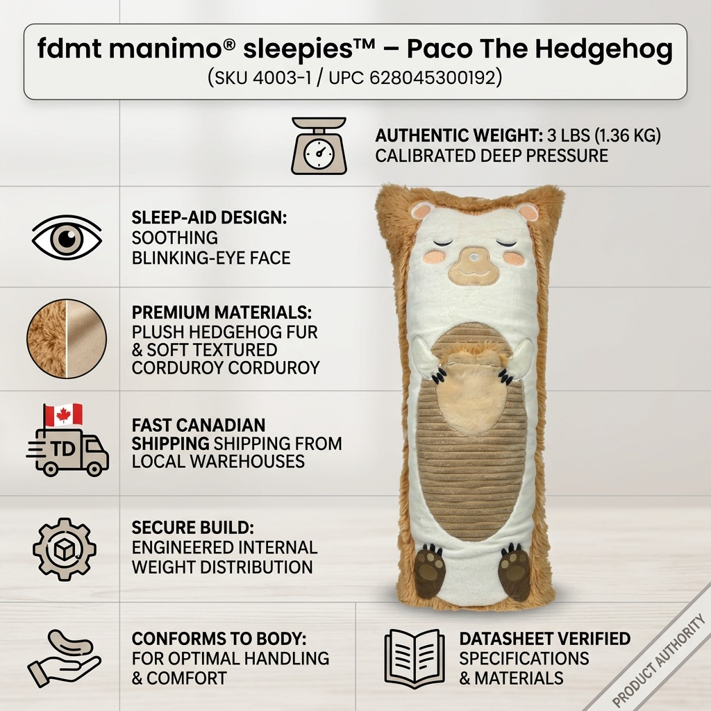 Infographic for fdmt manimo Paco the Hedgehog showing its 3lb weight and plush corduroy materials.