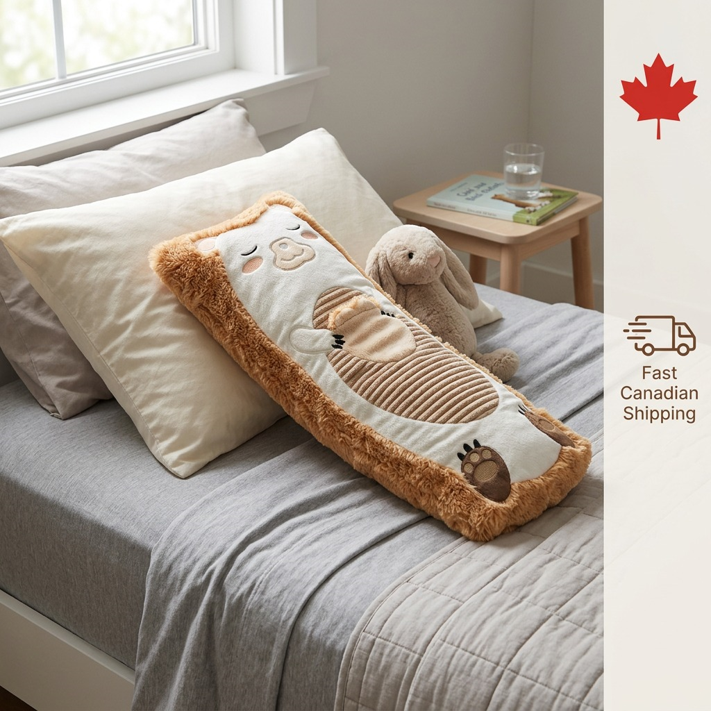 A manimo Paco the Hedgehog 3lb weighted sleep aid resting on a pillows in a cozy bedroom setting.