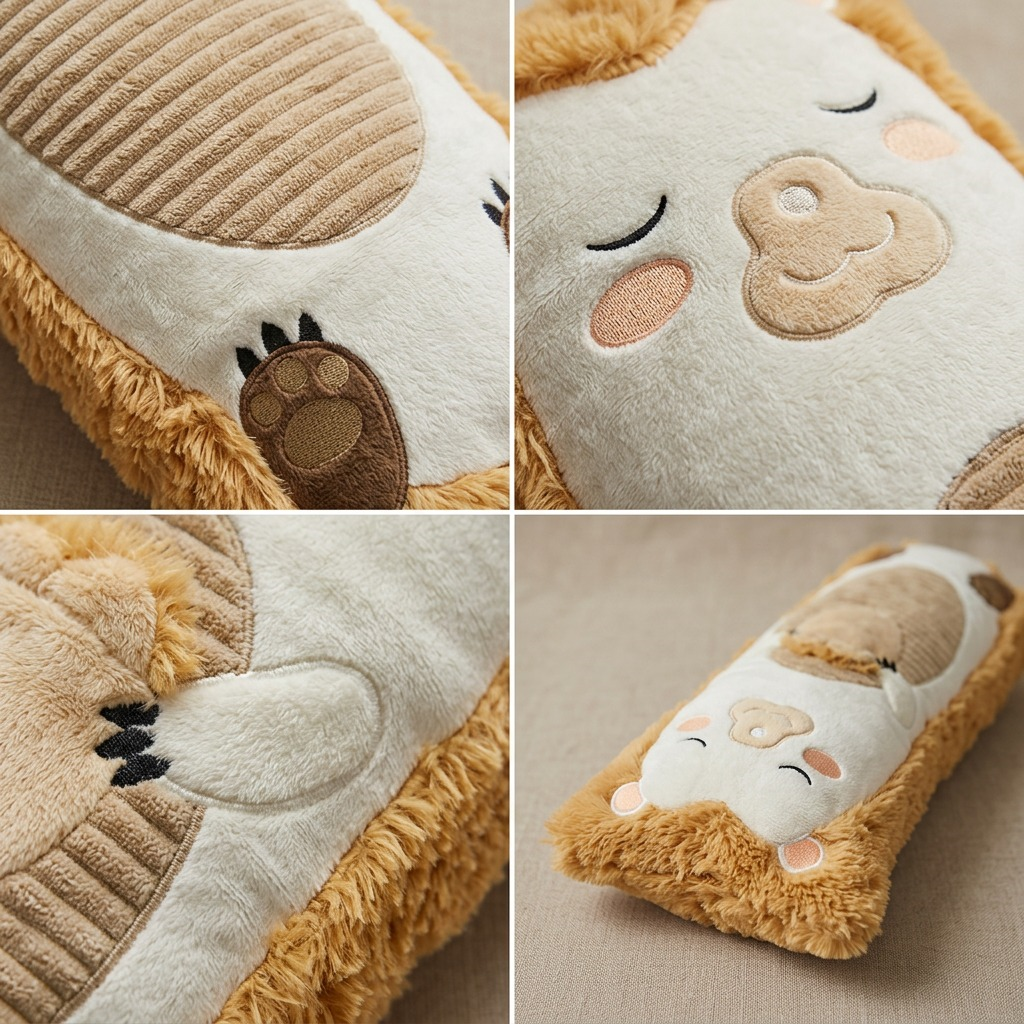 Macro details of manimo Paco the Hedgehog's plush texture, embroidered face, and soft faux fur.