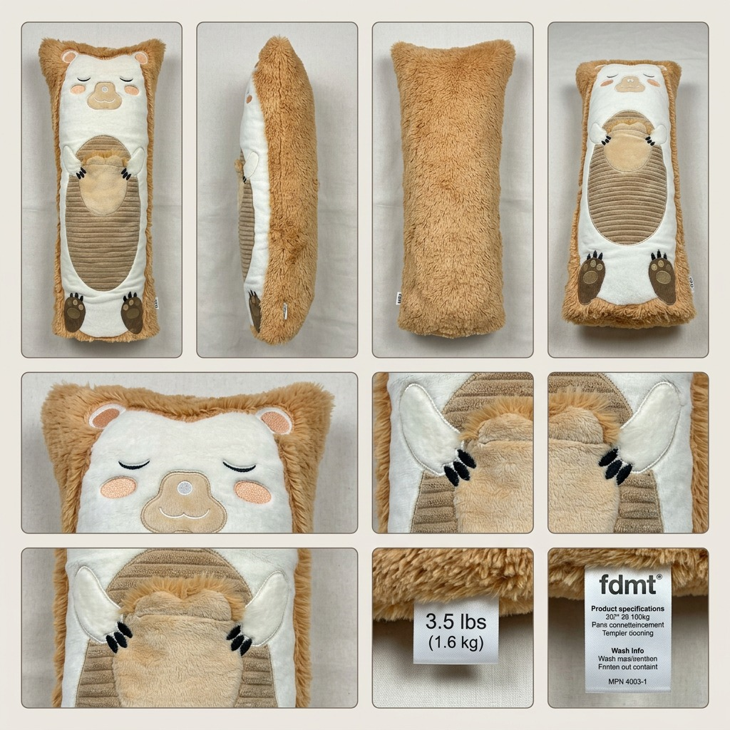 Grid showing front, back, and side views of the manimo Paco the Hedgehog 3lb weighted sleep aid.