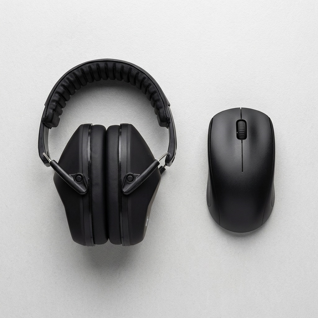 Black fdmt noise protection earmuffs with a padded headband and white brand logo on a white background.