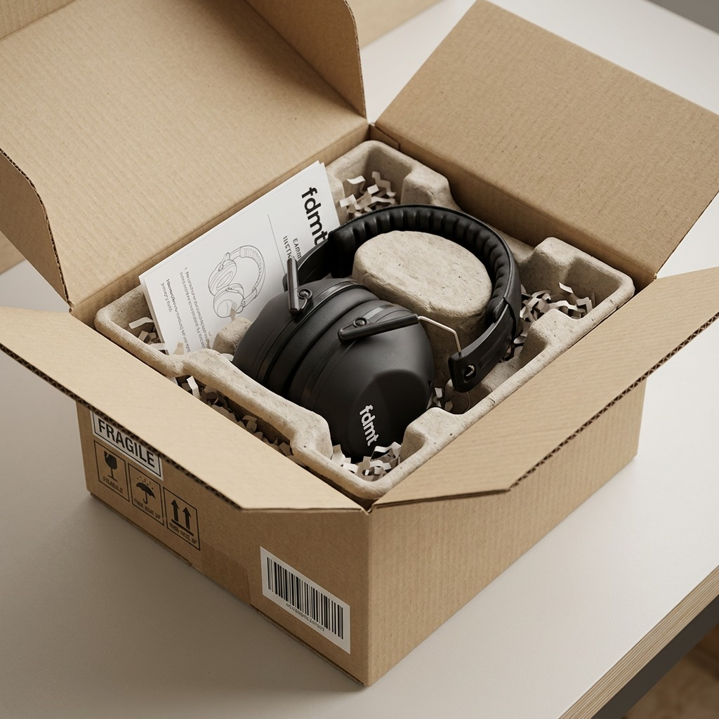 Black fdmt earmuffs securely packed in a shipping box with protective inserts and manual.