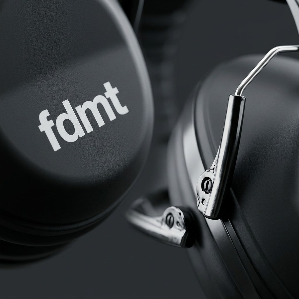 Macro detail of fdmt black earmuffs showing the white logo and adjustable metal wire headband.