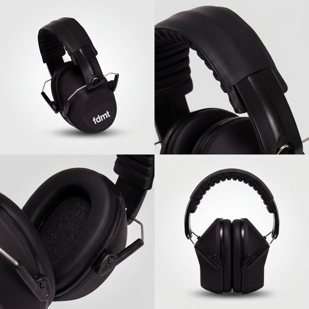 Four-view matrix of black fdmt sensory earmuffs showing the padded headband, ear cup, and folded storage.