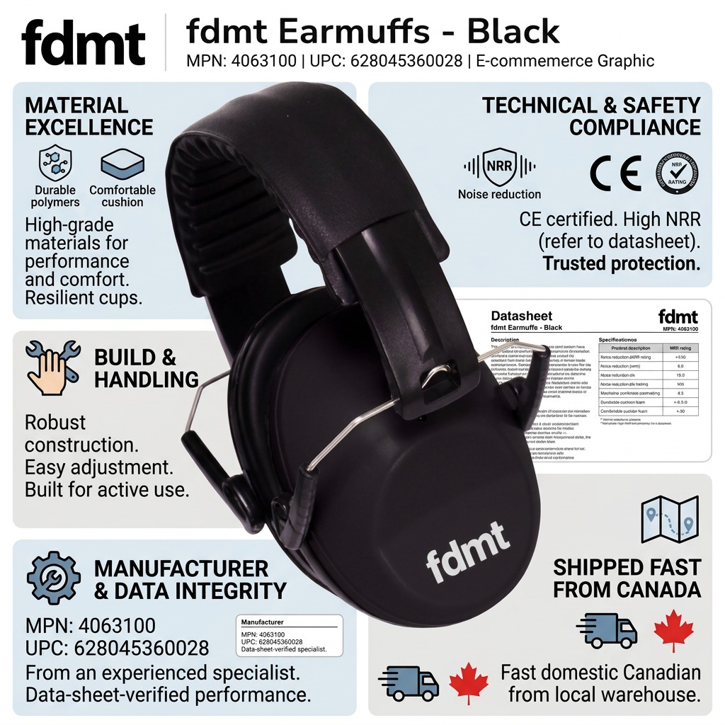 fdmt Black Earmuffs infographic showing 27dB noise reduction, adjustable fit, and fast Canadian shipping.