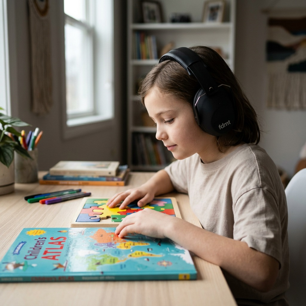 A child wearing black fdmt noise protection earmuffs while focused on a puzzle at a wooden desk.