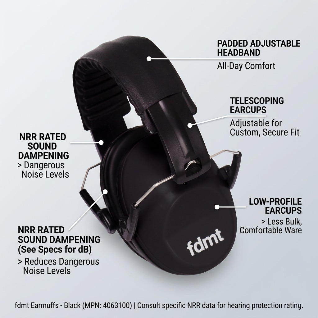 fdmt Black Earmuffs with feature callouts for adjustable headband, telescoping low-profile earcups