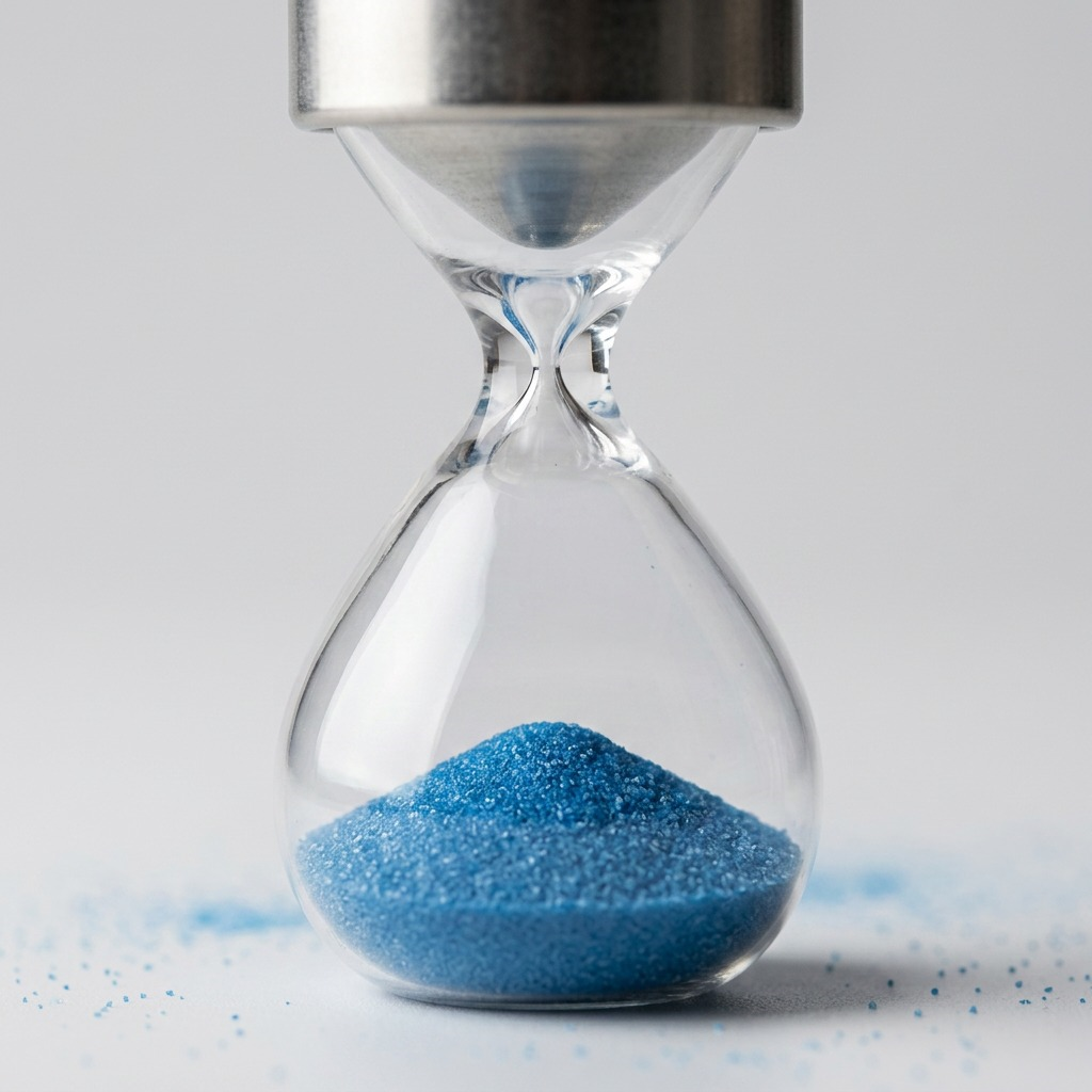 A detailed macro photograph showing the precise blue fine grain inside the sand timer's glass bulb.