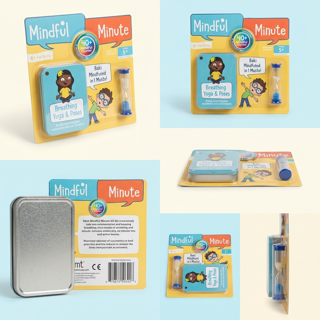 A 3x2 matrix of professional product shots showing the fdmt Mindful Minute kit from multiple angles on a clean background.