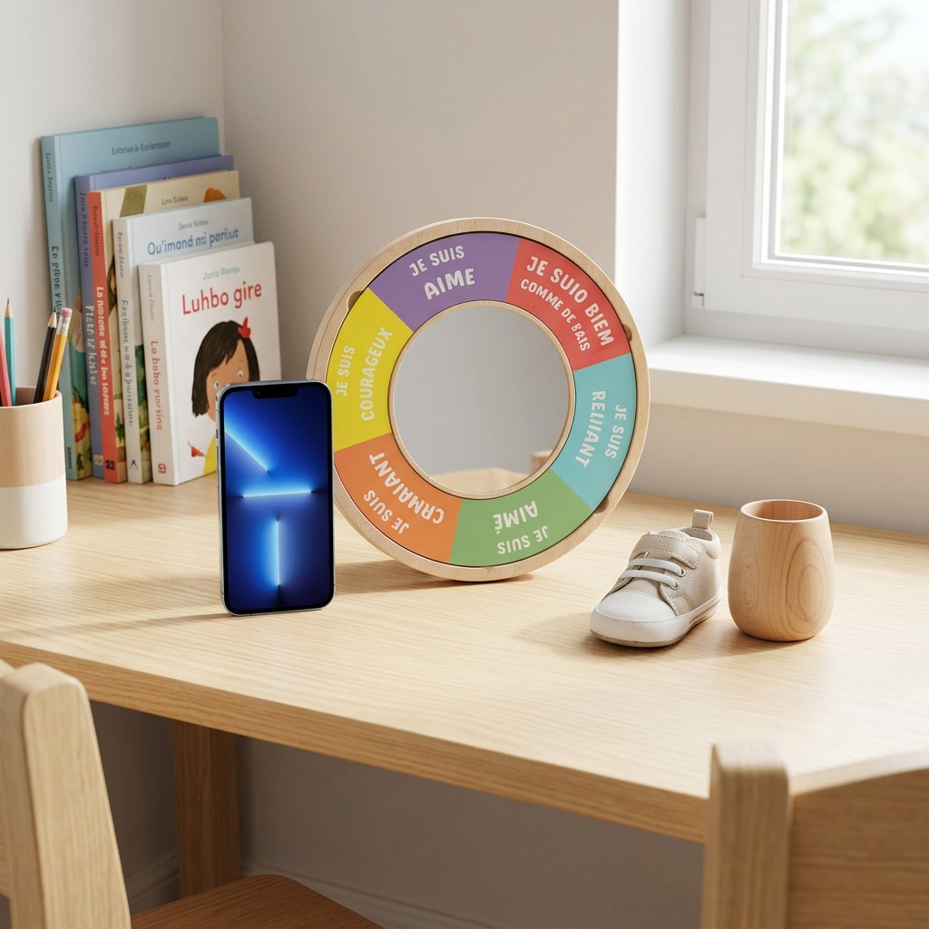 A scale photo of the wooden mirror toy next to a pair of baby shoes and a child-sized cup, demonstrating its small size.