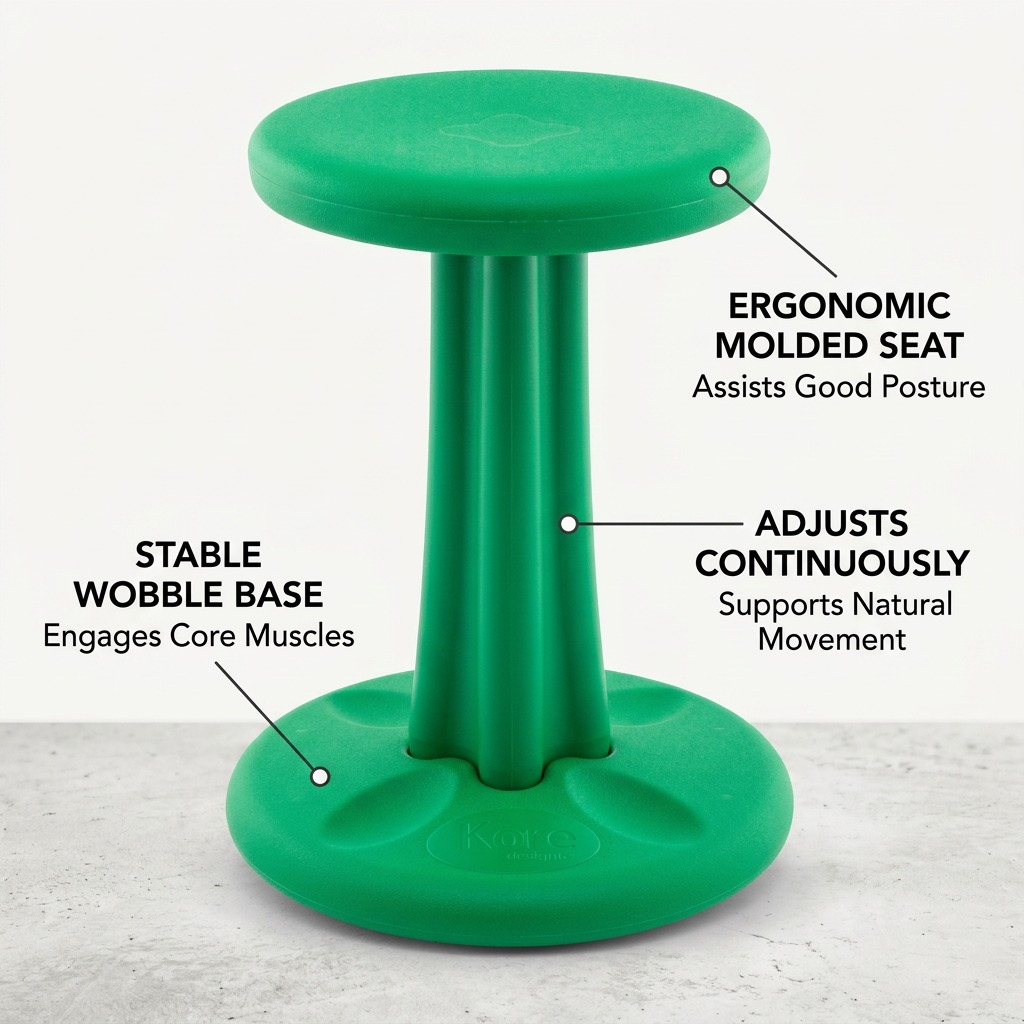 Green Kore Wobble Stool highlighting ergonomic molded seat, stable base, and continuous movement.