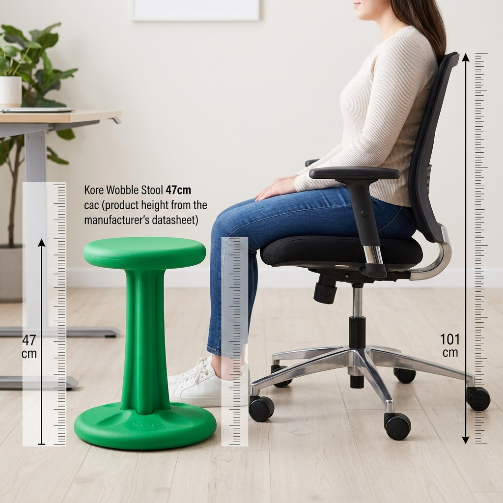 Scale comparison: A 47cm Green Kore Wobble Stool next to a person in a standard 101cm office chair.