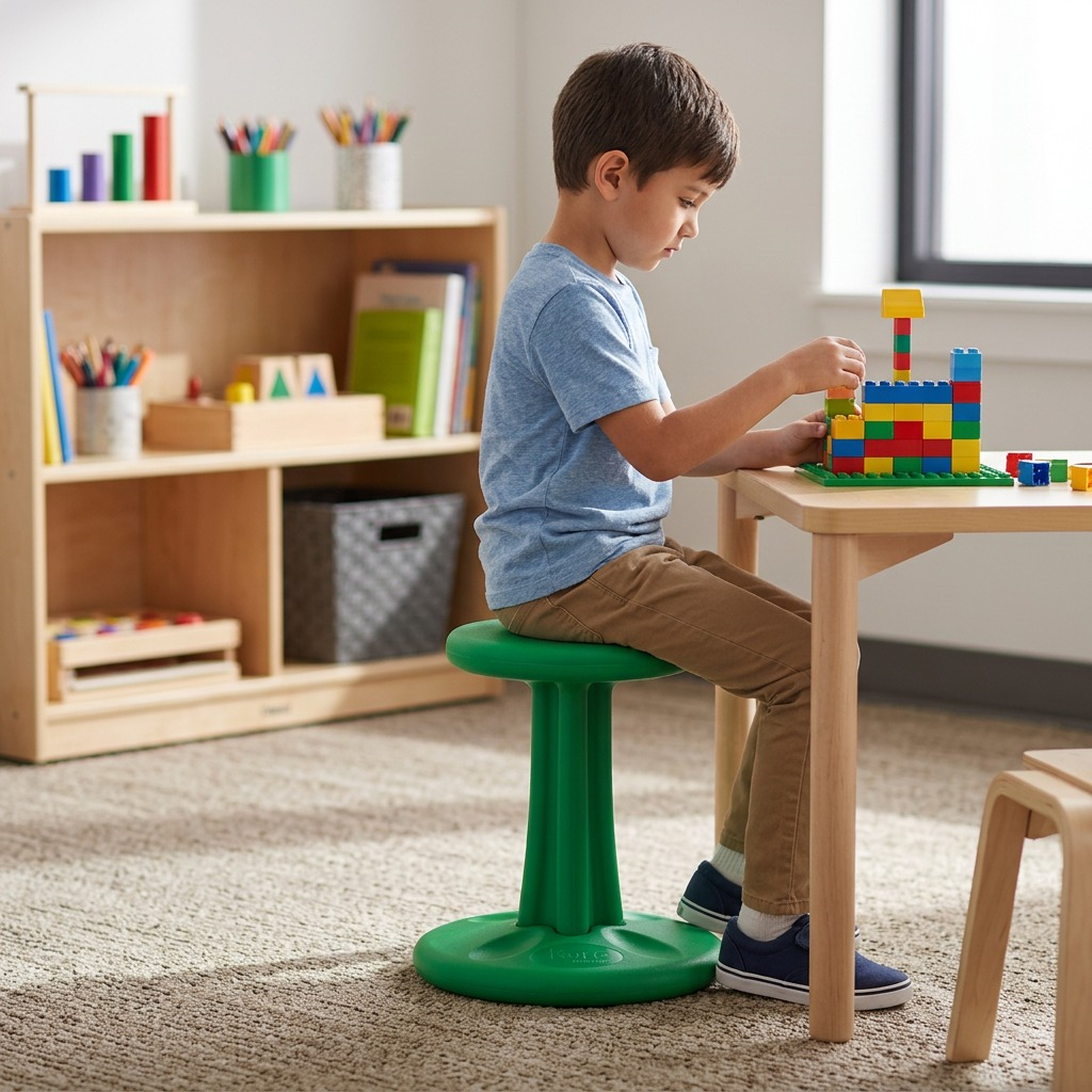 A boy using the green fdmt Kore Wobble Stool at a desk for active seating while playing with blocks.