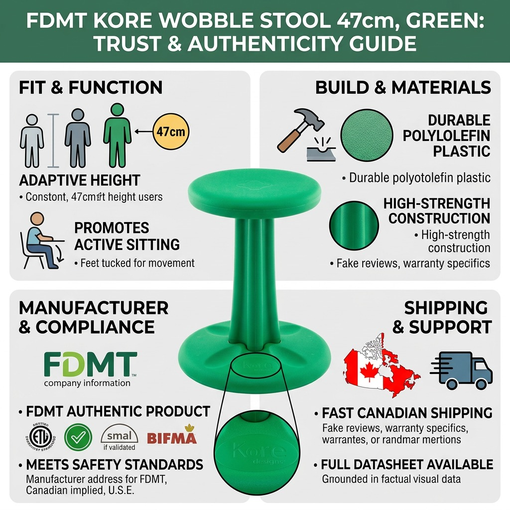 Infographic for fdmt Kore Wobble Stool 47cm Green featuring fit, material, and shipping details.