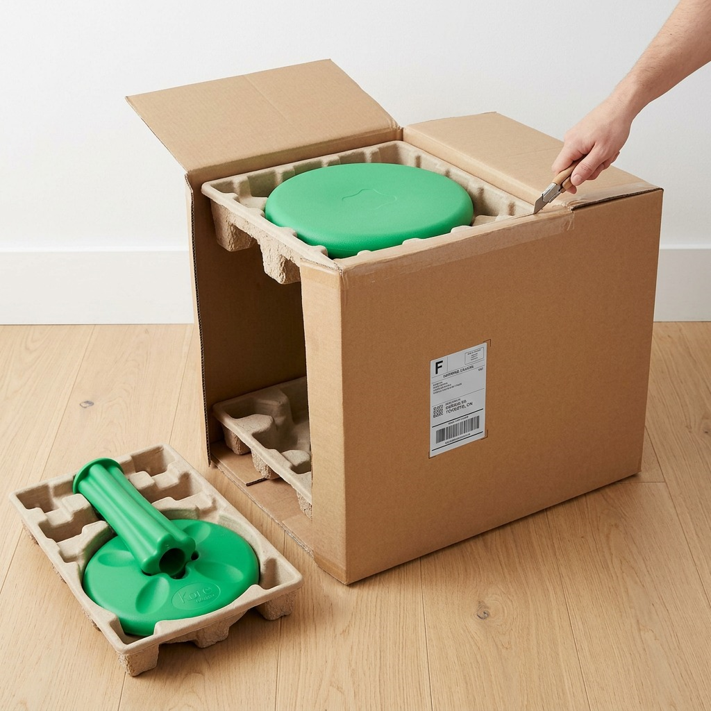 A person unboxing a green fdmt Kore Wobble Stool from a cardboard box with molded pulp packaging.