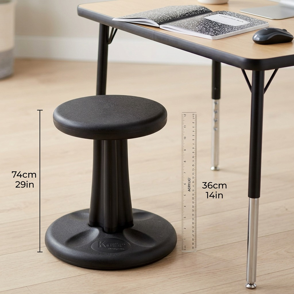 fdmt Kore Wobble Stool 36cm in black, featuring an ergonomic seat and rounded anti-tip base.