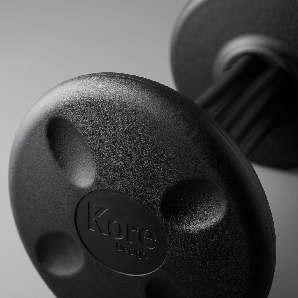 Macro detail of the black fdmt Kore Wobble Stool base showing textured plastic and logo emboss.