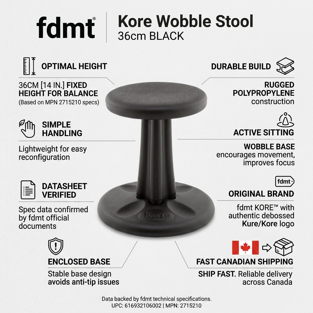 fdmt Kore Wobble Stool 36cm black infographic highlighting its durable build and stable base.