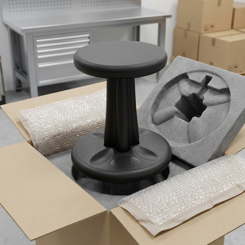 A black fdmt Kore Wobble Stool being unboxed from a secure shipping carton with foam inserts.