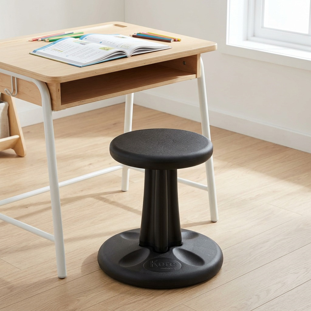 Black fdmt Kore Wobble Stool 36cm tucked under a wooden student desk in a bright classroom.