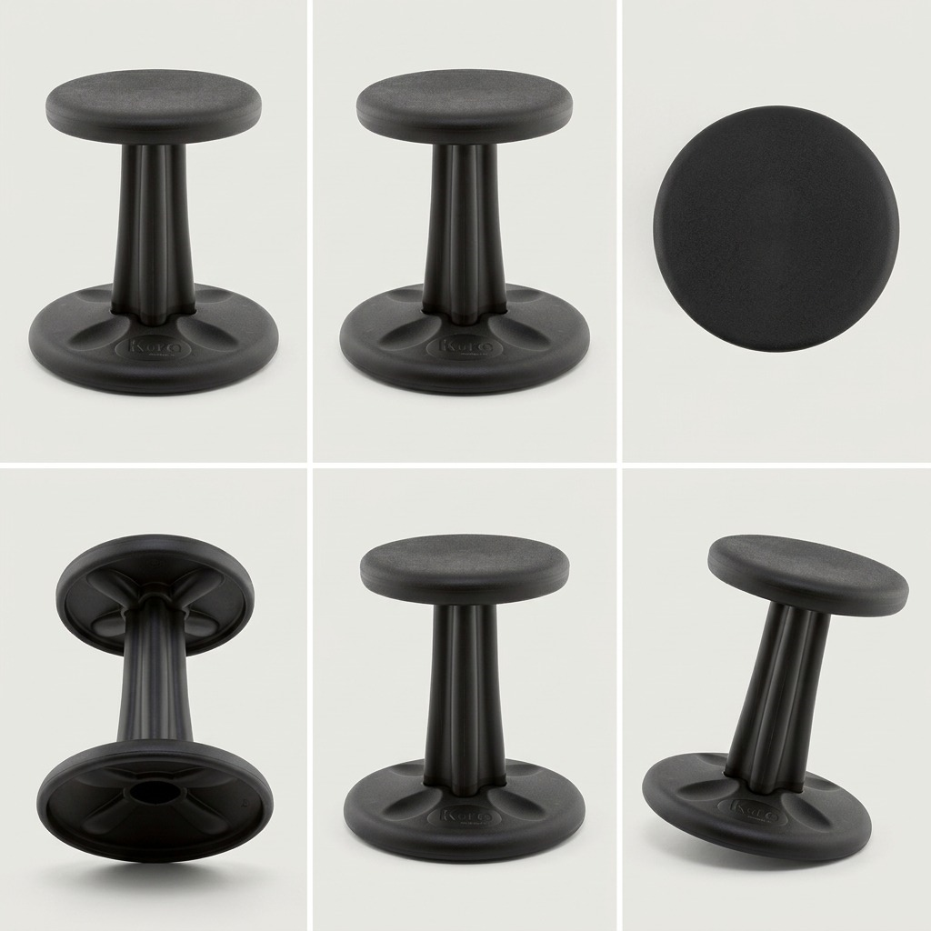 Grid showing fdmt Kore Wobble Stool 36cm in black from top, side, angled, and underside views.