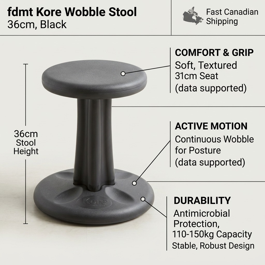 fdmt Kore Wobble Stool infographic showing 36cm height, 31cm textured seat, and active motion base.