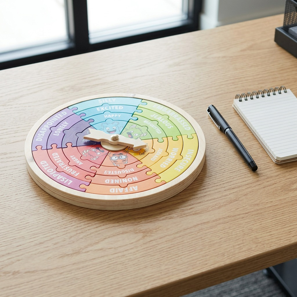 A high-resolution product shot of the 24-piece wooden My Emotions Wheel puzzle on a white background.