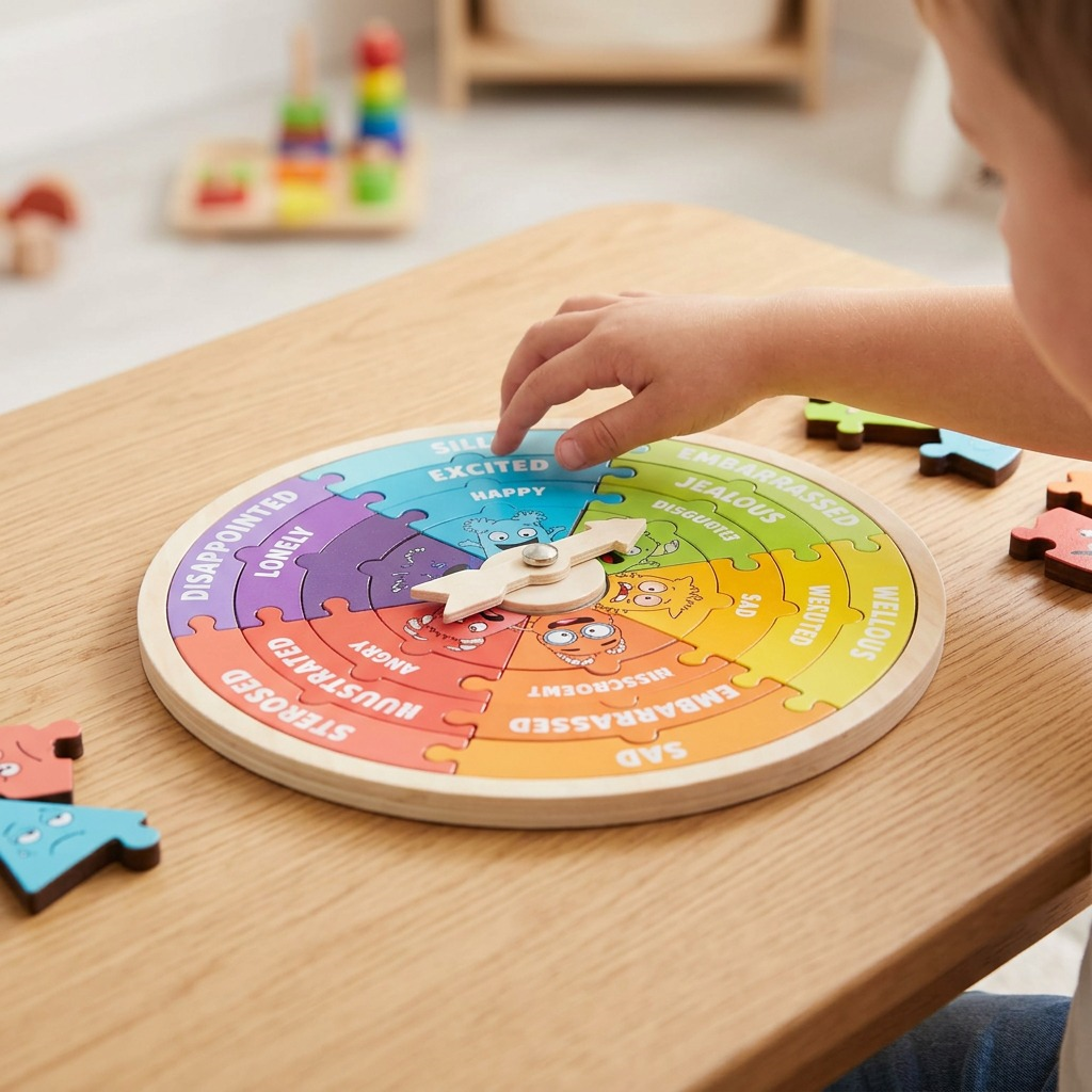 A photo of the open My Emotions Wheel wooden puzzle on a light wood surface, next to a child's hand spin-point.