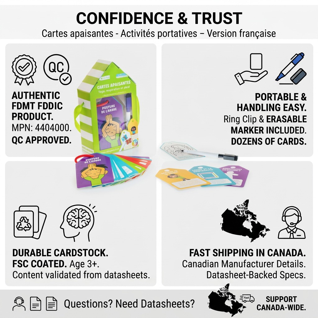 A detailed infographic showcasing the fdmt Cartes apaisantes product, highlighting its educational value, durability, and key features with clear icons and Canadian shipping info.
