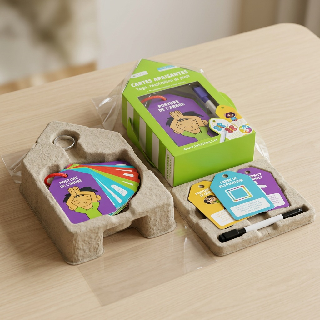 A realistic photo showing the Cartes apaisantes set in specific protective molded inserts, ready for shipping.