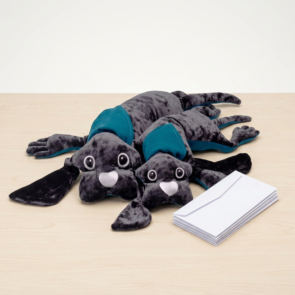 A side-by-side comparison. The dark-grey plush weighted dog sits next to a stack of four standard business envelopes on a clean, light-wood desk. Soft, even lighting shows the true scale from a 45-degree angle against a plain, off-white wall background. The focus is on product size relative to the common office item.