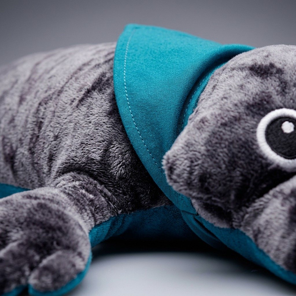 Extreme macro view showing the textured, mottled grey velvet fabric and fine stitching of the fdmt manimo Weighted Dog.