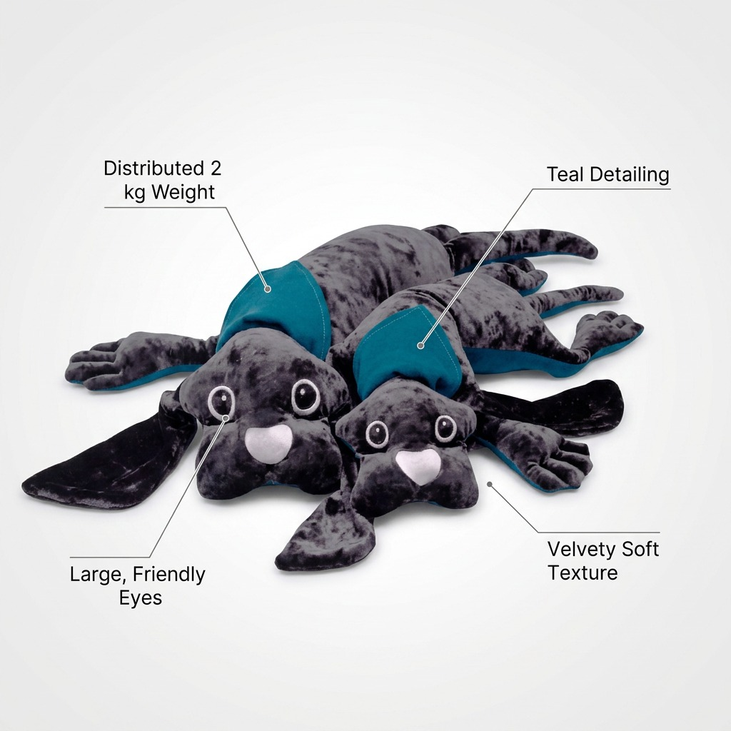 Product infographic featuring the Weighted Dog (2 kg) from behind, highlighting key attributes like "Distributed Weight," "Soft Texture," and "Quiet Companion" with short labels.