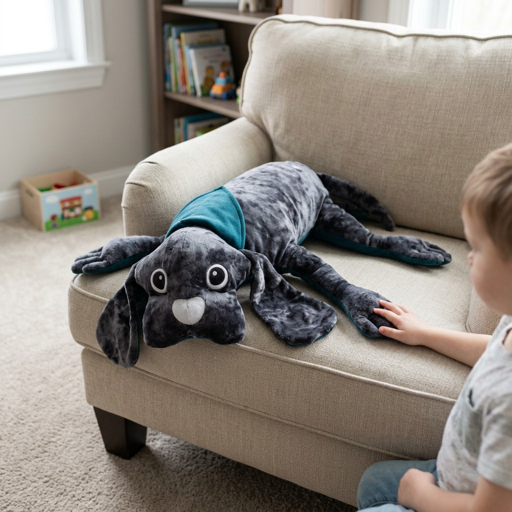 Lifestyle image showing the dark grey plush weighted dog placed on an armchair in a child's bedroom.