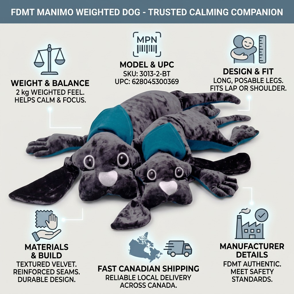 Trust and authority infographic for fdmt manimo weighted dog, highlighting key features and quality.