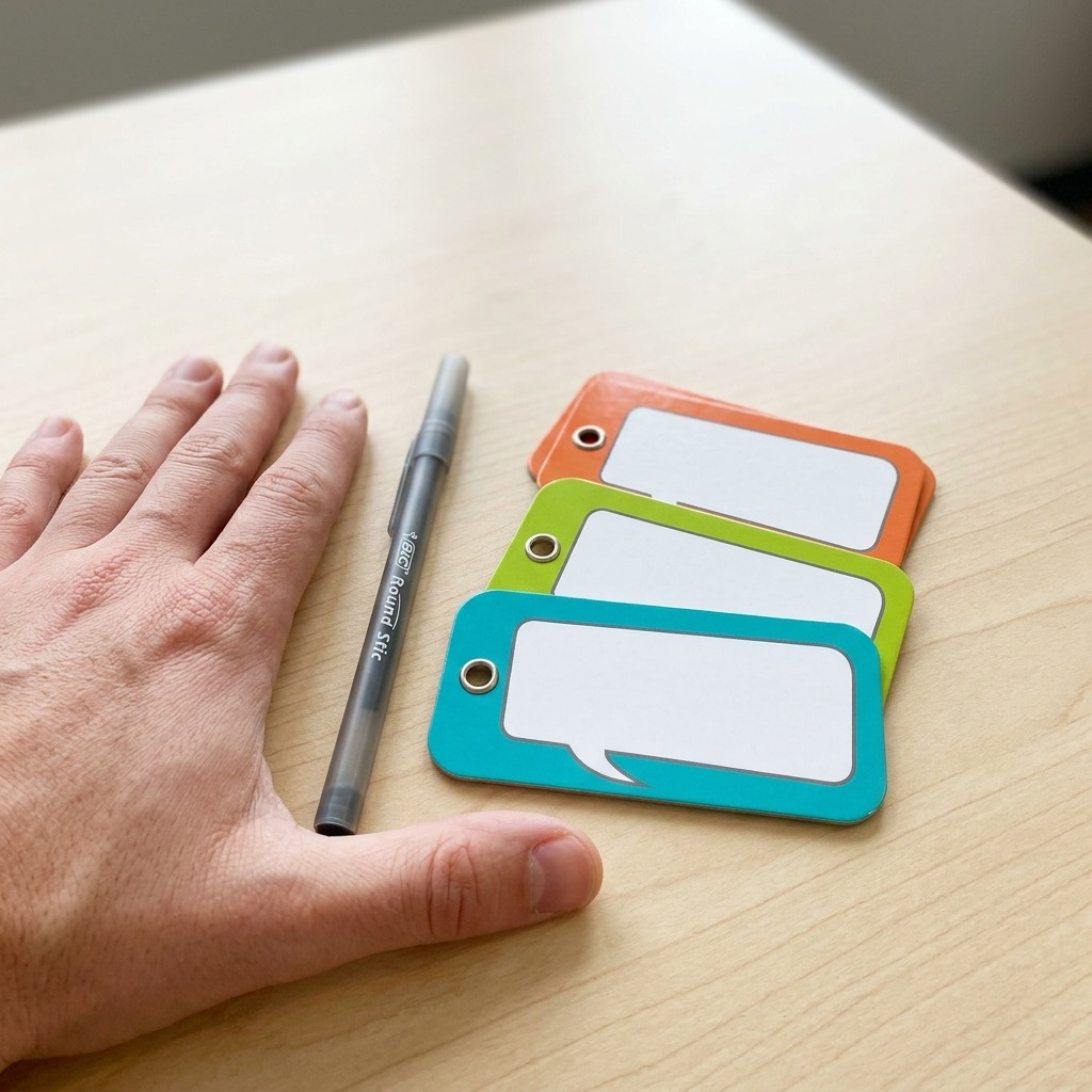 A photo of the Parlons-en! game cards beside a standard pencil, illustrating its pocket size.