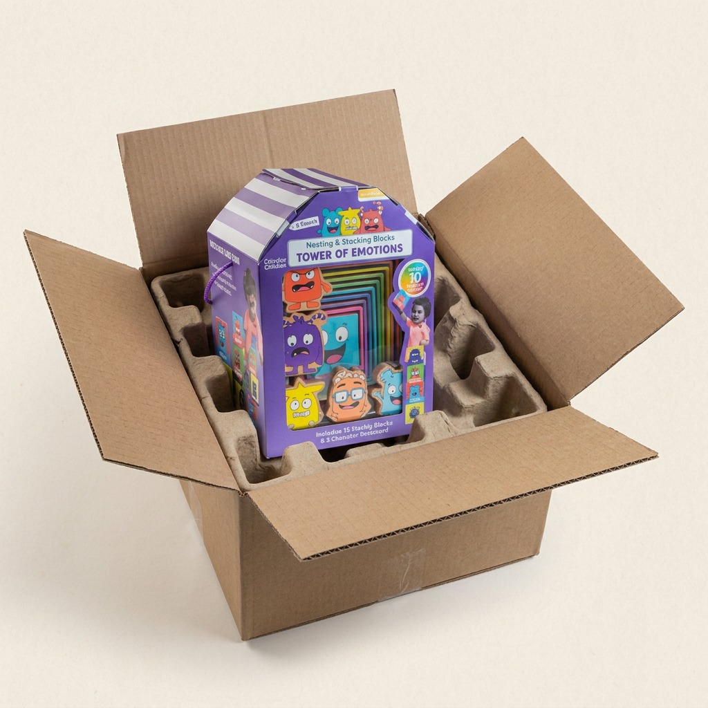 A close-up photograph of the Tower of Emotions stacking block set on a white surface, featuring four nested blocks with different colored character faces and names.