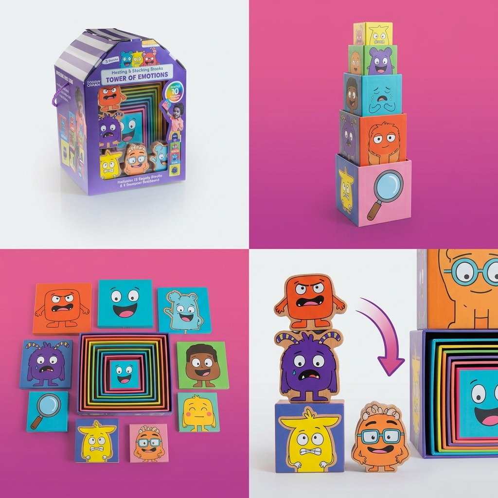 An e-commerce matrix displaying the fdmt Tower of Emotions stacking and nesting toy in various configurations.