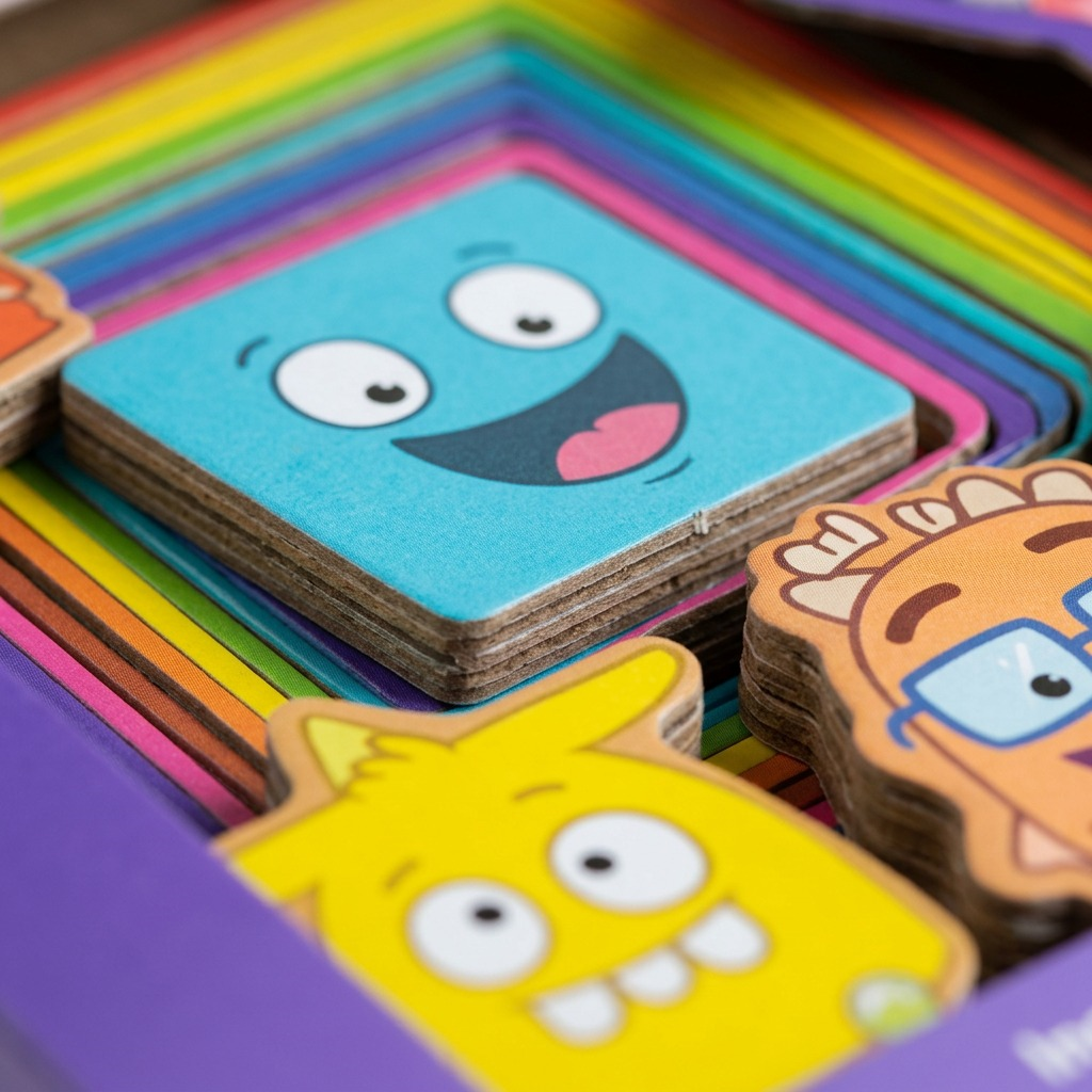 Extreme macro close-up of fdmt Tower of Emotions cardboard blocks showing fine print and layered construction.