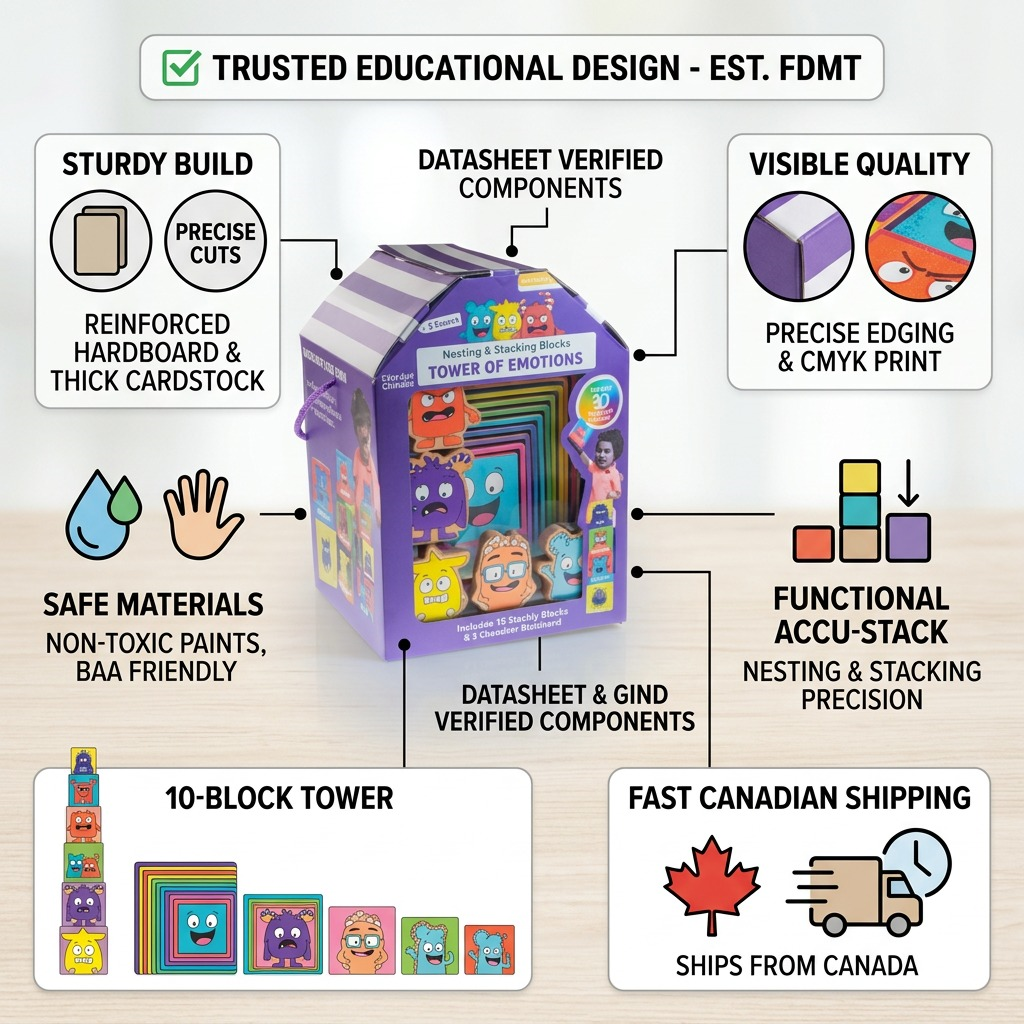A trust infographic featuring fdmt Tower of Emotions stacking toys with factual icons on quality and delivery.
