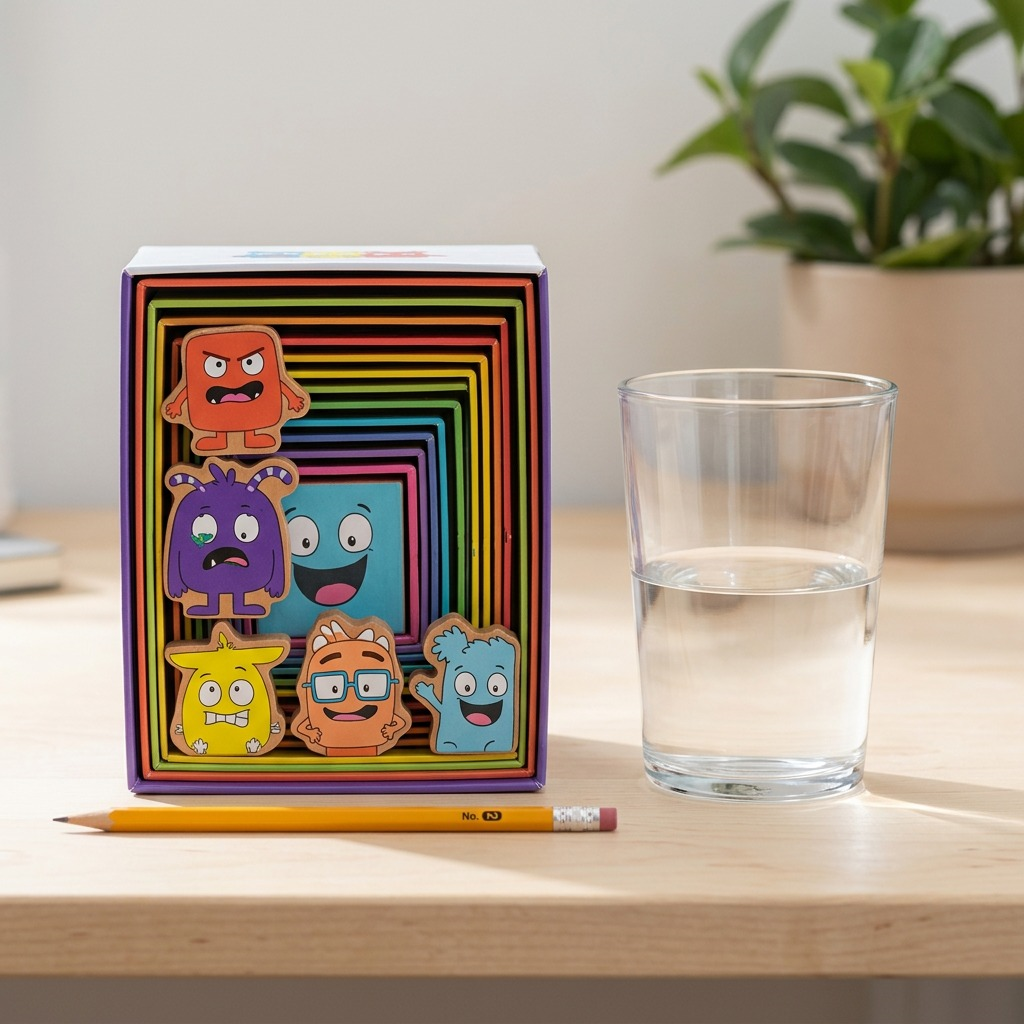 fdmt Tower of Emotions blocks next to a drinking glass and pencil on a wooden desk.